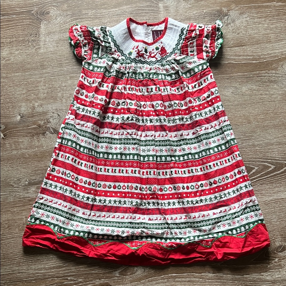 Lil Cactus Fair Isle Santa and Reindeer Smocked Dress size 5